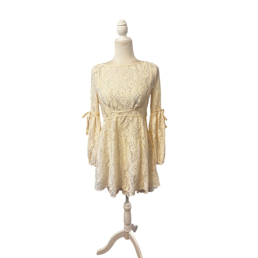 Free People Ruby Lace Mini Dress Cream Boho Bell Sleeve Slip Dress XS